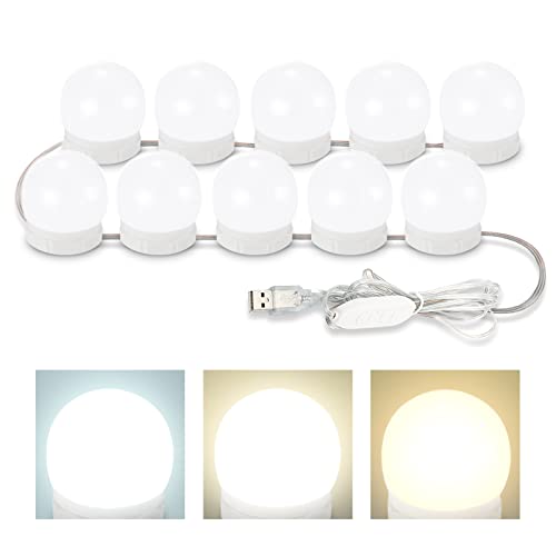 Consciot LED Vanity Lights For Mirror, Hollywood Style Vanity Lights With 10 Dimmable Bulbs, Adjustable Color & Brightness, USB Cable, Mirror Lights Stick on for Makeup Table Dressing Room, White