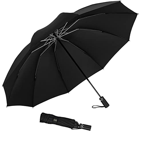 LANBRELLA Umbrella Large Inverted Folding Umbrellas Windproof Compact Folding Auto open close 10 ribs - Black