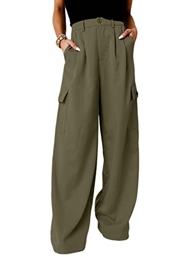 Dokotoo Y2K Cargo Pants Lounge Wide Leg Women's Pants 2023 Fall Clothes Womens Fashion Palazzo Dress Pants for Women High Waisted with Pockets Green