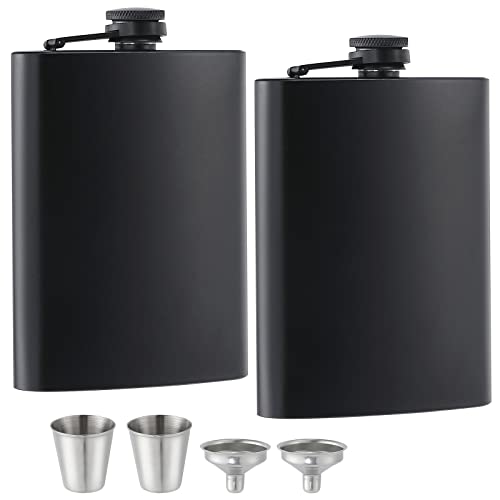 2 pcs Flask for Liquor for Men Matte Black 8 Oz Stainless Steel Leak proof with 2 pcs wine glass 2 pcs Funnel used for Gift,Camping, Outdoor Activitie,Groomsman Bridesmaid Wedding Party