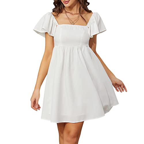 EXLURA Womens Casual Short Sleeve Square Neck Cap Sleeve Dress High Waist A-Line Casual Smocked Back Mini Dresses White