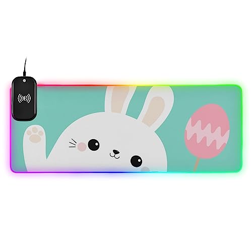 Happy Easter Bunny Rabbit Wireless Charging Mouse Pad for Mobile Phone Extra Large Gaming Mousepad with 13 Lighting Modes Computer Mat for Gaming MacBook PC Laptop Desk Office Home