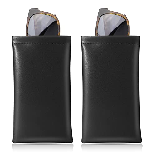 MoKo Squeeze Top Glasses Pouch (2 Pack), Portable Leather Soft Sunglasses Case Anti-Scratch Eyeglasses Bag Goggles Sleeve with Cleaning Cloth for Women Men, Black