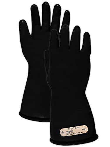 MAGID Class 00 Natural Rubber Latex Insulating Linemen Safety Gloves, 11” Long, 9, Black, 1 Pair