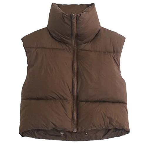 KEOMUD Women's Winter Crop Vest Lightweight Sleeveless Warm Outerwear Puffer Vest Padded Gilet Brown Medium