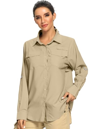 Women's UPF 50 Long Sleeve Safari Shirts,Sun Protection Quick Dry Outdoor Fishing Hiking Gardening Shirt,F5026,Khaki,L