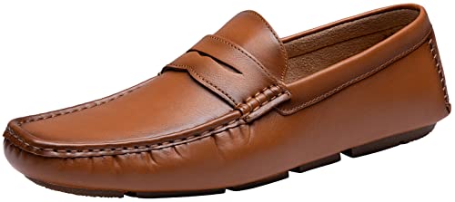 Jousen Men's Loafers Casual Slip On Shoes Soft Penny Loafers for Men Lightweight Driving Boat Shoes (AMY802A Polished Brown 10.5)