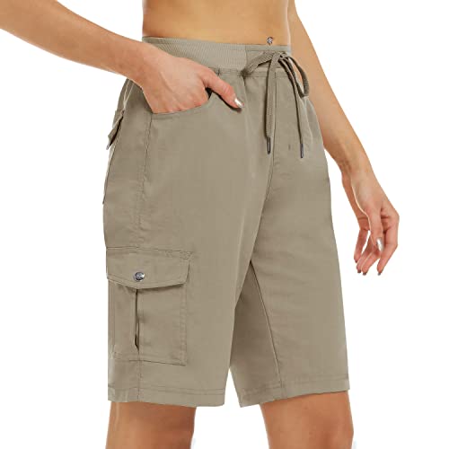 MoFiz Women's Hiking Long Shorts 10' Quick Dry Cargo Shorts for Women Lightweight Knee Length Athletic Shorts with Pockets Khaki M