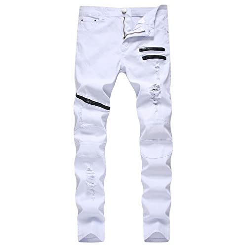 Lu's Chic Men's Skinny Ripped Jeans Slim Fit Stretch Fashion Stylish Designer Moto Biker Rock Star Zipper Patchwork Stacked Destroyed Distressed Denim Gothic Pants Jean Jeggings White 32