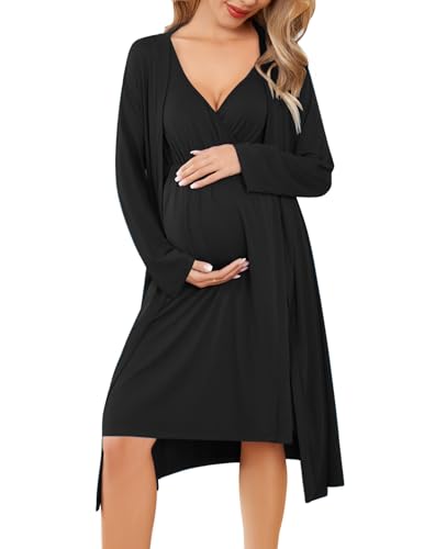 Ekouaer Maternity Nursing Gown and Robe Set Labor Delivery Nursing Nightgowns for Breastfeeding Pregnancy Clothes Black M