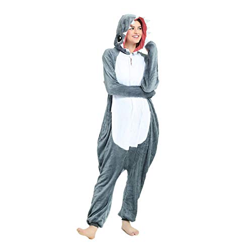 Afoxsos Shark Onesie One Piece Animal Pajamas Cosplay Costume for Adults Women Men, Thanksgiving Homewear Sleepwear Grey