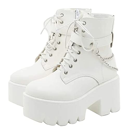 CYNLLIO Women's Ankle Boots Chain Gothic Platform Boots White Chunky Heel Booties