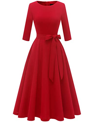 DRESSTELLS Vintage Tea Dress for Women, 1950s Cocktail Party Dresses, Modest Bridesmaid Dress for Wedding Guest, 3/4 Sleeve Formal Aline Church Dress, Fit Flare Prom Dress Red M