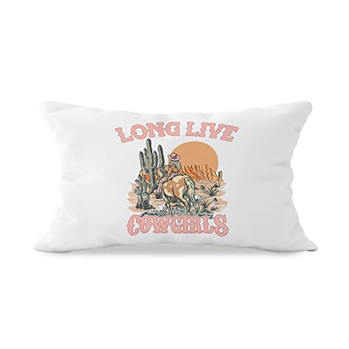 QODUNG Retro Preppy Western Country Long Live Cowgirls Throw Pillow Cover 12 x 20 Inch, Cowgirl Gift, Teen Girls Birthday Gift, Wild Western Cactus Landscape Throw Pillow Case for Couch Bed Sofa