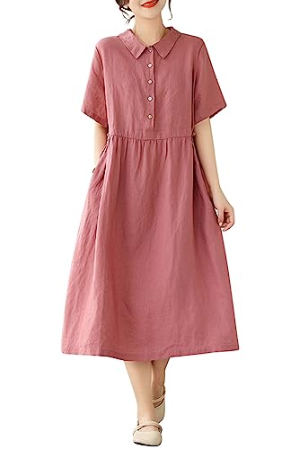 DOVWOER Women's Summer Boho Linen Dress Beach Button Midi Dresses with Pockets