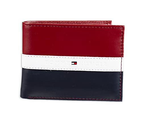 Tommy Hilfiger Men's Leather Wallet - RFID Blocking Slim Thin Bifold with Removable Card Holder and Gift Box, Red/Navy