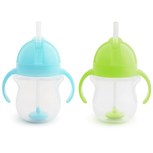 Munchkin Any Angle Weighted Straw Trainer Cup with Click Lock Lid, 7 Ounce, 2 Pack, Blue/Green