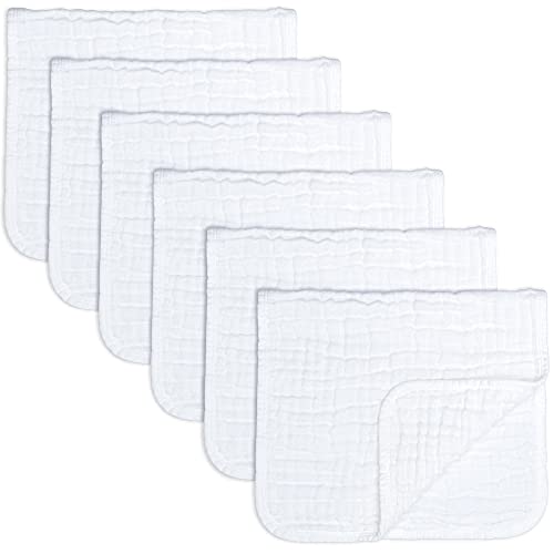 Comfy Cubs Muslin Burp Cloths Large 100% Cotton Hand Washcloths for Babies, Baby Essentials 6 Layers Extra Absorbent and Soft Boys & Girls Baby Rags for Newborn Registry (White, 6-Pack, 20' X10')