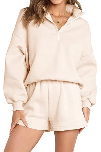 AUTOMET Lounge Sets Women's Oversized 2 Piece Fall Fashion Outfits 2023 Two Piece Vacation Gym Jogger Pajamas Shorts Sweatsuit Matching Set Apricot