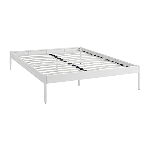 Modway Elsie Modern Low Profile Metal Platform Bed Frame Mattress Foundation With Wood Slat Support in Queen, White