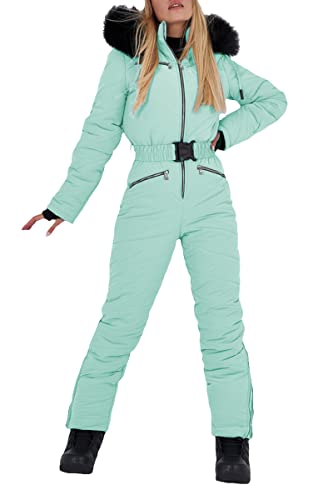 Aoysky Women Winter Onesies Ski Jumpsuit Outdoor Sports Snowsuit Fur Collar Coat Jumpsuit with Hoodies Ski Jackets and Pants