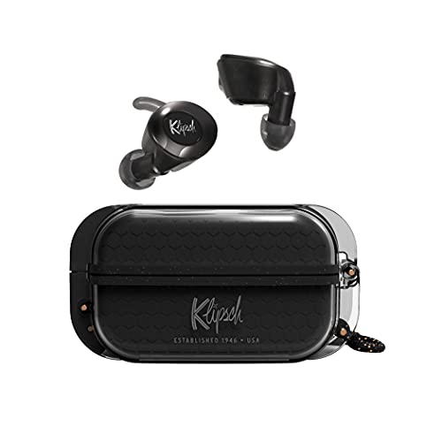 Klipsch T5 II True Wireless Sport Earphones in Black with Dust/Waterproof Case & Earbuds, Best Fitting Ear Tips, Ear Wings, 32 Hours of Battery Life, and Wireless Charging Case
