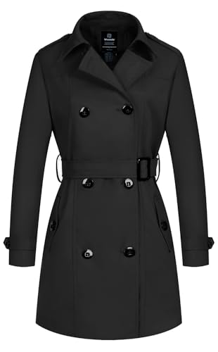 wantdo Women Double Breasted Peacoat Long Trench Coat with Belt Black Medium