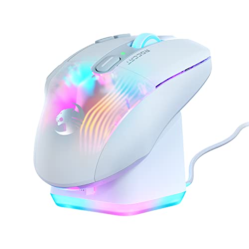 ROCCAT Kone XP Air – Wireless Customizable Ergonomic RGB Gaming Mouse, 19K DPI Optical Sensor, 100-hour Battery & Charging Dock, 29 Programmable Inputs & AIMO RGB Lighting, 4D Wheel – White