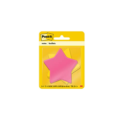 Post-it Notes, Star Shape, Yellow and Pink with pattern, 2.9 in x 2.8 in, 2 Pads, 75 Sheets/Pad (7350-STR)