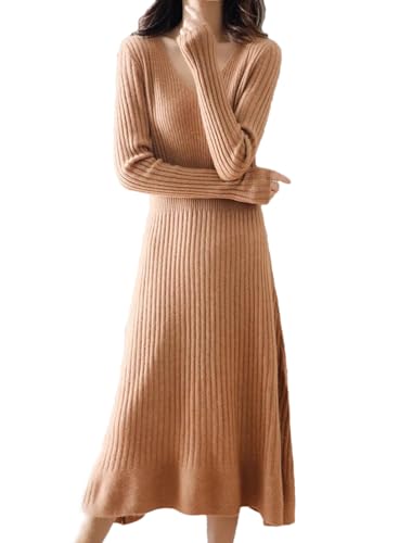 Women's Wool V-Neck Sweater Dress Solid Color Pullover Slim Fit Elasticity Dress Top Gold XXL
