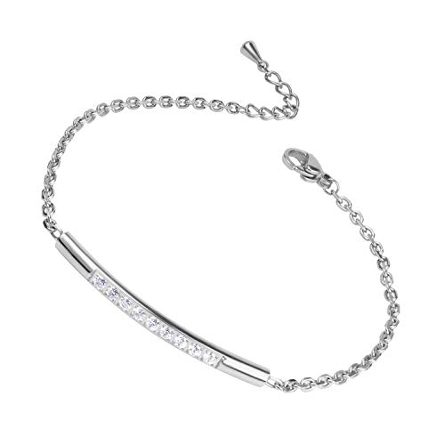 555Jewelry Womens Girls Minimalist Sparkly CZ Cubic Zirconia Cylinder Bar Stainless Steel Adjustable Chain Bracelet Bangle Fashion Accessory Jewelry Bracelets, Silver 7.5 Inch