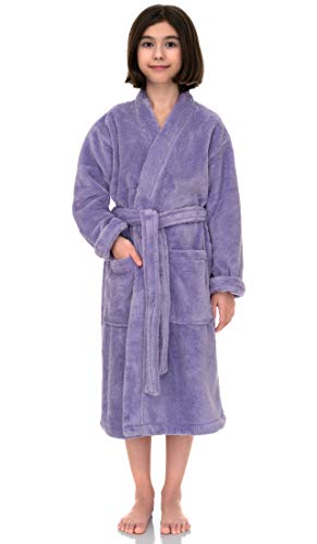 TowelSelections Girls Robe, Kids Plush Kimono Soft Fleece Bathrobe Size 10 Lavender