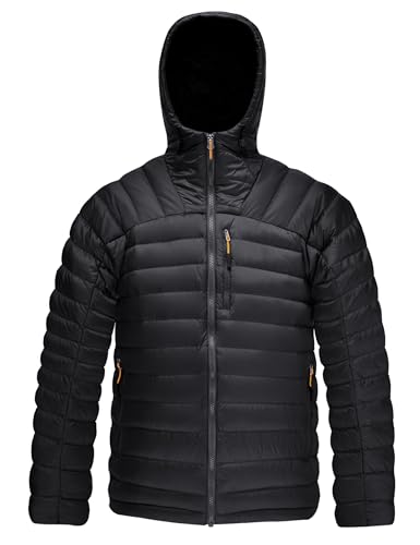 HARD LAND Men's Down Jacket Packable,Water Resistant 5 Pockets Hooded Puffer Jacket Lightweight Black Size L