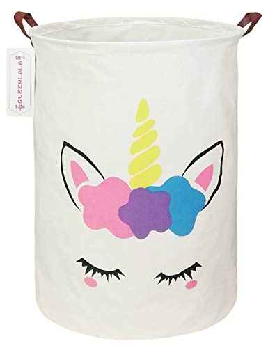 QUEENLALA Large Storage Basket,Laundry Hamper/Bathroom/Home Decor/Collapsible Round Storage Bin,Boys and Girls Hamper/Boxes/Clothing(Golden Unicorn)