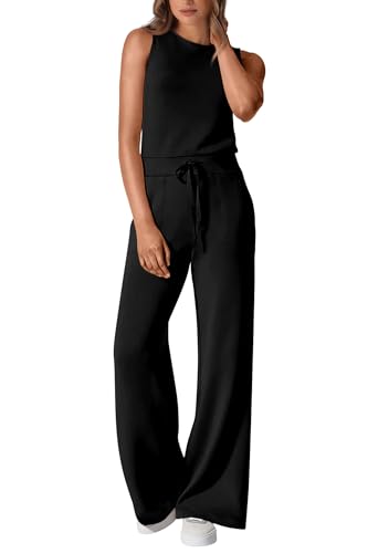 PRETTYGARDEN Womens Jumpsuits Summer Casual One Piece Outfits Sleeveless Wide Leg Long Pants Rompers (Black,Medium)