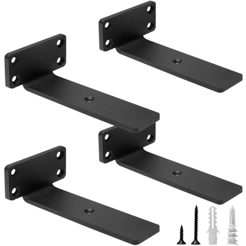 HITOMEN Heavy Duty Floating Shelf Brackets, 6-Inch (1/5'' Thick) Hidden Shelves Hardware, Cast Iron L Brackets, Rustic Industrial Black Metal Wall Shelving Supports, 4 Pack