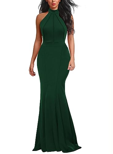 Berydress Women's Wedding Party Formal Floor-Length Sleeveless Halter Neck Long Mermaid Evening Dress (XL, 6075-Dark Green)