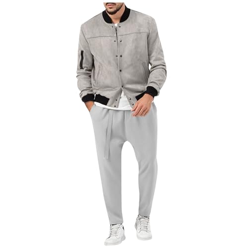 Sweats For Men 2 Piece Set, Excerise Spring Jacket Men Football Plus Size Long Sleeve Solid With Pockets Tops And Pants Cool Polyester Slimming Lapel Jackets Men Light Gray