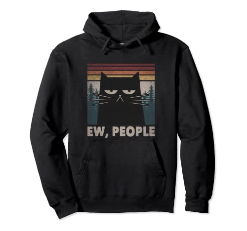 Retro Ew People Black Cat Funny Anti Social Introvert Pullover Hoodie