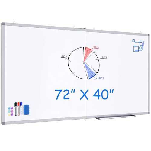 Large Magnetic Whiteboard, maxtek 72 x 40 Magnetic Dry Erase Board Foldable with Marker Tray 1 Eraser 3 Markers and 6 Magnets| Wall-Mounted Aluminum Memo White Board for Office Home and School