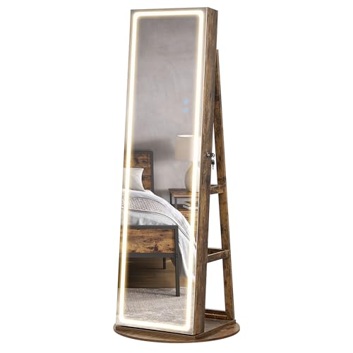 SONGMICS LED Mirror Jewelry Cabinet Standing, Lockable Jewelry Armoire with Full-Length Mirror and Adjustable LED Lights, Space-Saving Jewelry Organizer with Mirror, Gift Idea, Rustic Brown UJJC008X01