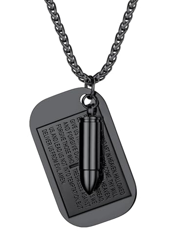 Richsteel Black Dog Tag Necklace with Bullet for Men Bible Tags Pendant with Chain Military Prayer Jewelry Gift for Him