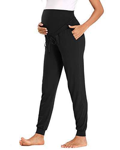 Glampunch Women's Maternity Pants Stretchy Comfy Lounge Pants Casual Loose Pregnancy Joggers with Pockets Black