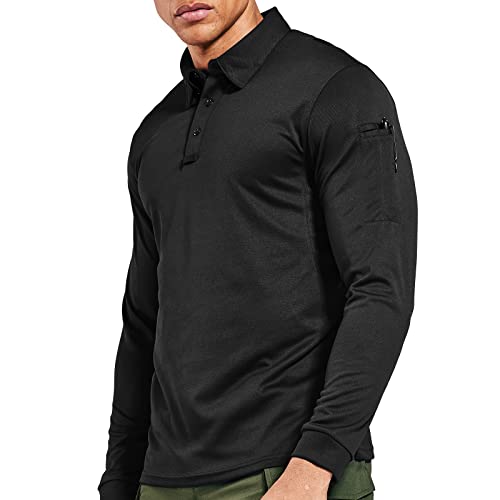 MIER Men's Outdoor Performance Tactical Polo Shirts Long and Short Sleeve, Moisture-Wicking, Black, Large