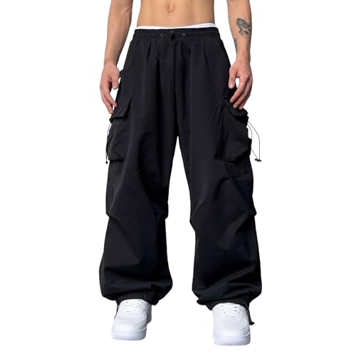 Men's Pants 2024 Fashion Mens Casual Waist Color Sports Hat Multi Woven Pocket Foot Rope Solid Pants Street (Black, XXL) Mens Ski Pants F Q