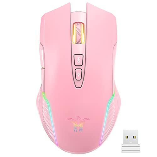 SIMGAL RGB Wireless Gaming Mouse, Rechargeable Computer Mice with 5 Adjustable DPI Up to 3600, Ergonomic Laptop PC Mouse with 7 Buttons (Not Programmable) Compatible with Windows Vista Linux (Pink)
