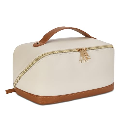 Telena Makeup Bag Large Capacity Travel Cosmetic Bag Portable PU Leather Water Resistant Makeup Organizer Bags for Women with Handle and Divider Open Flat Beige with Brown