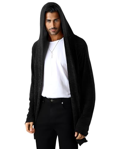 Mens Hooded Cardigan Long Cardigans Sweater Shawl Collar Open Front Drape Cape Cloak Gothic Clotheswith Pockets / DCC255-BLACK-L