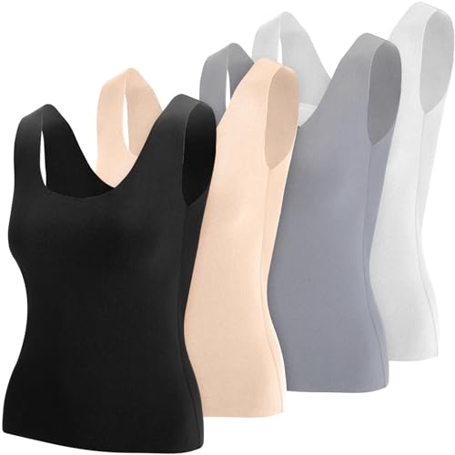 Toulite 4 Pcs Thermal Tank Tops Women Underwear Tops Sleeveless Undershirt for Women Cotton Camisole Warm Base Layer (Black, White, Nude Color, Light Gray, Medium)