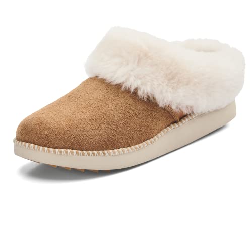 OLUKAI Ku'i Women's Slipper, Soft Full-Grain Leather & Wool Blend Footbed, Wet Grip Soles for Inside & Outside Wear, Cute & Comfortable Slip-On, Tan/Bone, 8